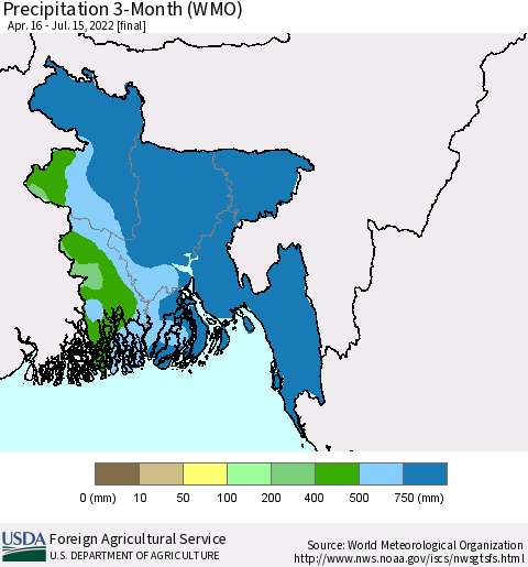 Bangladesh Precipitation 3-Month (WMO) Thematic Map For 4/16/2022 - 7/15/2022