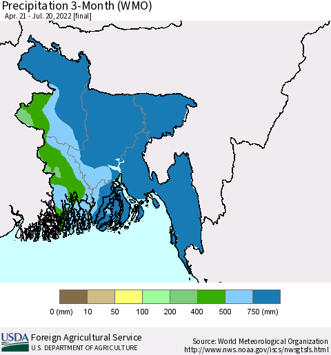 Bangladesh Precipitation 3-Month (WMO) Thematic Map For 4/21/2022 - 7/20/2022