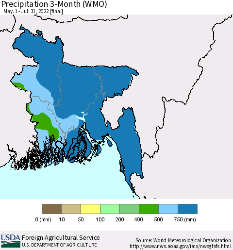 Bangladesh Precipitation 3-Month (WMO) Thematic Map For 5/1/2022 - 7/31/2022