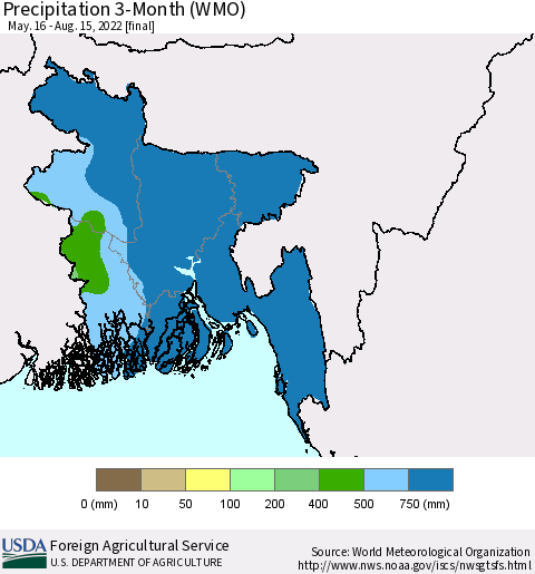 Bangladesh Precipitation 3-Month (WMO) Thematic Map For 5/16/2022 - 8/15/2022