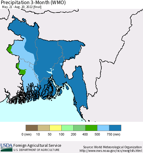 Bangladesh Precipitation 3-Month (WMO) Thematic Map For 5/21/2022 - 8/20/2022