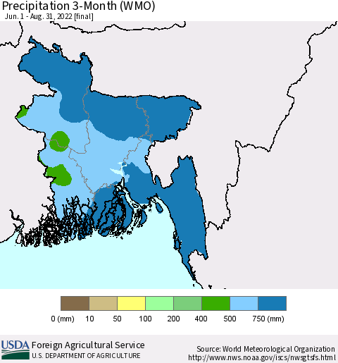 Bangladesh Precipitation 3-Month (WMO) Thematic Map For 6/1/2022 - 8/31/2022
