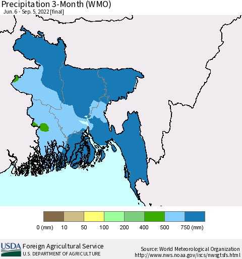 Bangladesh Precipitation 3-Month (WMO) Thematic Map For 6/6/2022 - 9/5/2022