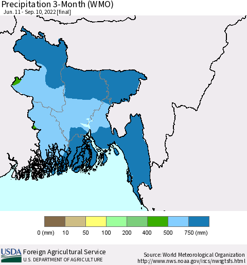 Bangladesh Precipitation 3-Month (WMO) Thematic Map For 6/11/2022 - 9/10/2022