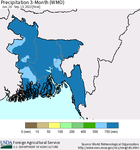 Bangladesh Precipitation 3-Month (WMO) Thematic Map For 6/16/2022 - 9/15/2022