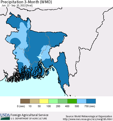 Bangladesh Precipitation 3-Month (WMO) Thematic Map For 6/21/2022 - 9/20/2022