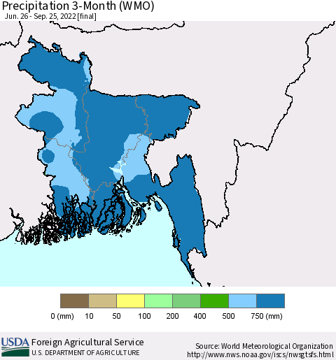 Bangladesh Precipitation 3-Month (WMO) Thematic Map For 6/26/2022 - 9/25/2022
