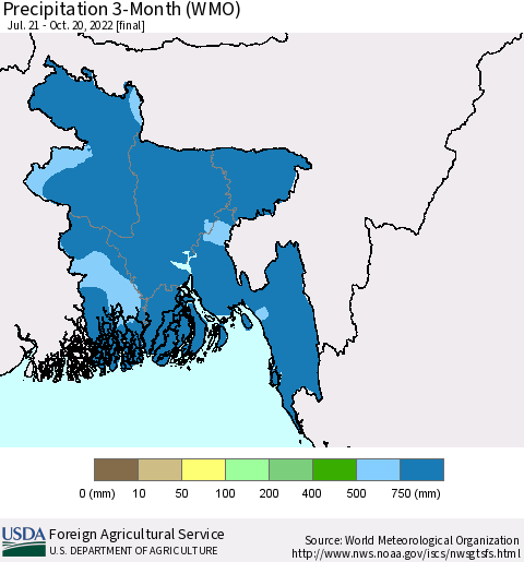 Bangladesh Precipitation 3-Month (WMO) Thematic Map For 7/21/2022 - 10/20/2022