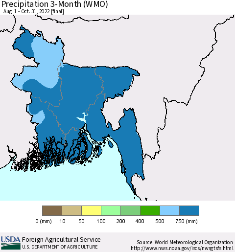 Bangladesh Precipitation 3-Month (WMO) Thematic Map For 8/1/2022 - 10/31/2022