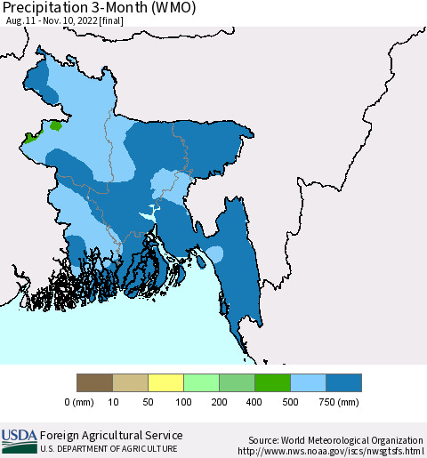 Bangladesh Precipitation 3-Month (WMO) Thematic Map For 8/11/2022 - 11/10/2022