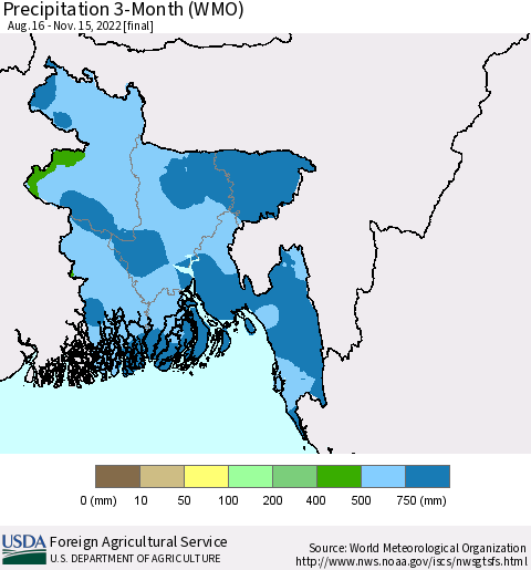 Bangladesh Precipitation 3-Month (WMO) Thematic Map For 8/16/2022 - 11/15/2022