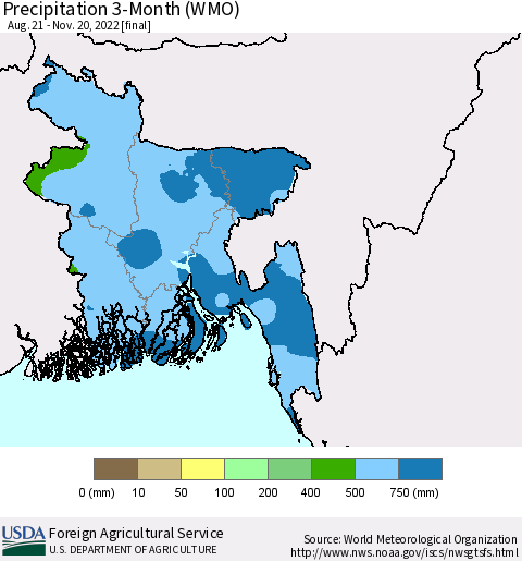 Bangladesh Precipitation 3-Month (WMO) Thematic Map For 8/21/2022 - 11/20/2022