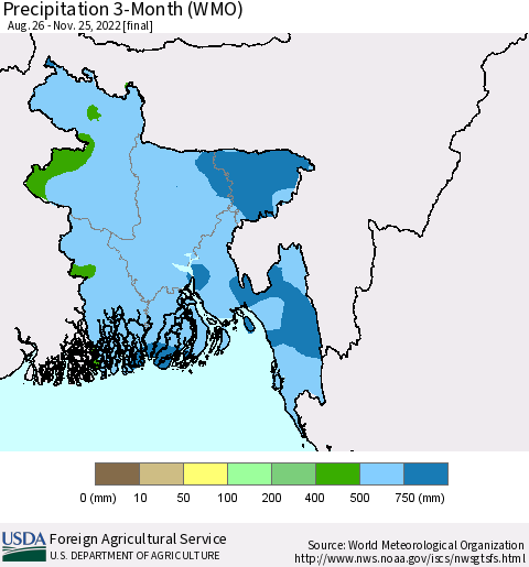 Bangladesh Precipitation 3-Month (WMO) Thematic Map For 8/26/2022 - 11/25/2022