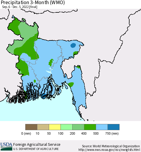 Bangladesh Precipitation 3-Month (WMO) Thematic Map For 9/6/2022 - 12/5/2022