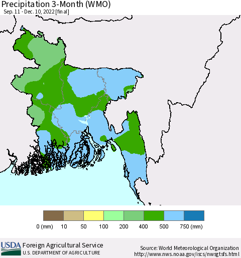 Bangladesh Precipitation 3-Month (WMO) Thematic Map For 9/11/2022 - 12/10/2022