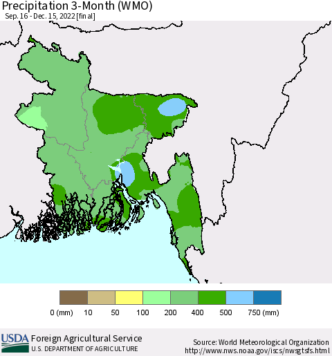 Bangladesh Precipitation 3-Month (WMO) Thematic Map For 9/16/2022 - 12/15/2022