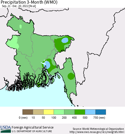 Bangladesh Precipitation 3-Month (WMO) Thematic Map For 9/21/2022 - 12/20/2022