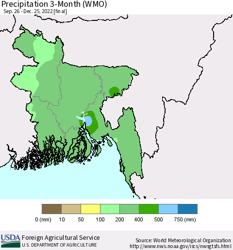 Bangladesh Precipitation 3-Month (WMO) Thematic Map For 9/26/2022 - 12/25/2022