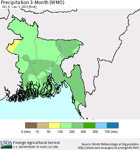 Bangladesh Precipitation 3-Month (WMO) Thematic Map For 10/6/2022 - 1/5/2023