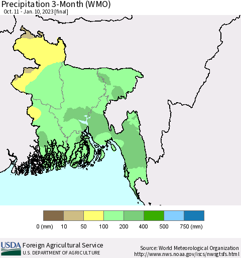 Bangladesh Precipitation 3-Month (WMO) Thematic Map For 10/11/2022 - 1/10/2023