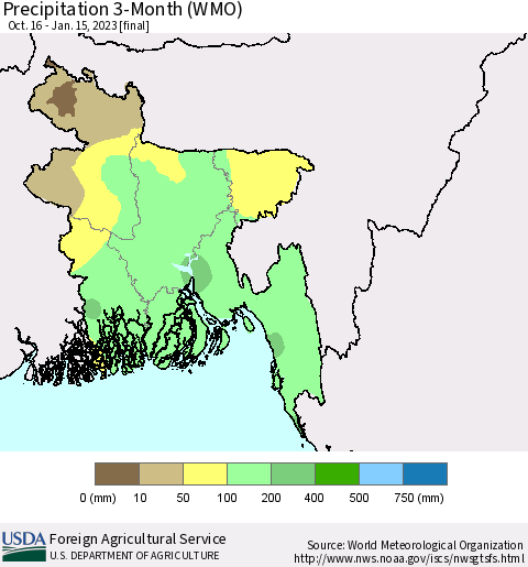 Bangladesh Precipitation 3-Month (WMO) Thematic Map For 10/16/2022 - 1/15/2023