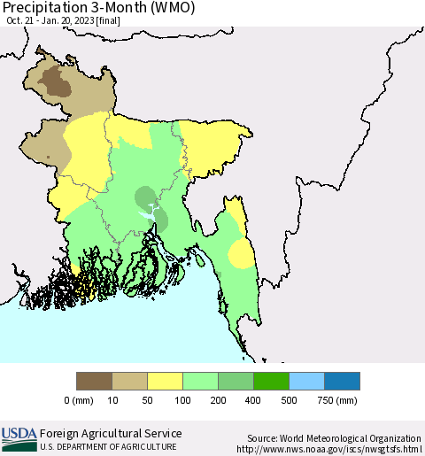 Bangladesh Precipitation 3-Month (WMO) Thematic Map For 10/21/2022 - 1/20/2023