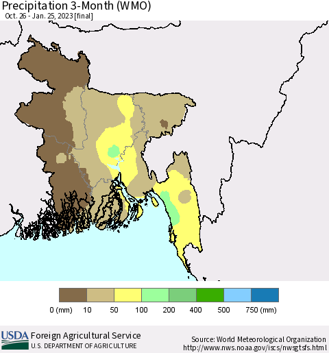 Bangladesh Precipitation 3-Month (WMO) Thematic Map For 10/26/2022 - 1/25/2023