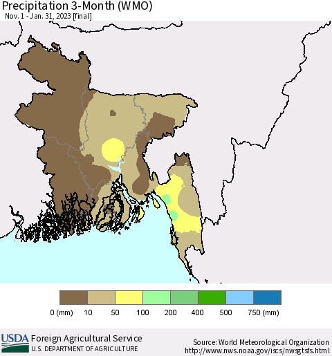 Bangladesh Precipitation 3-Month (WMO) Thematic Map For 11/1/2022 - 1/31/2023