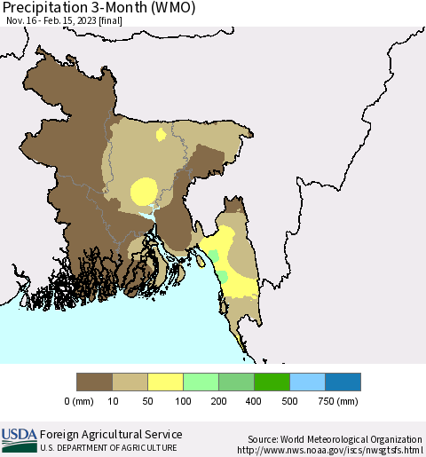 Bangladesh Precipitation 3-Month (WMO) Thematic Map For 11/16/2022 - 2/15/2023
