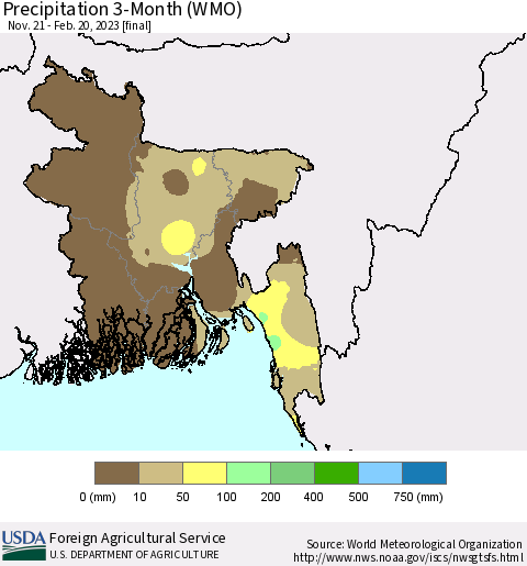 Bangladesh Precipitation 3-Month (WMO) Thematic Map For 11/21/2022 - 2/20/2023