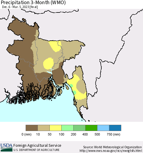 Bangladesh Precipitation 3-Month (WMO) Thematic Map For 12/6/2022 - 3/5/2023