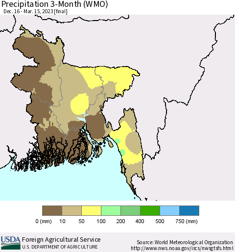 Bangladesh Precipitation 3-Month (WMO) Thematic Map For 12/16/2022 - 3/15/2023