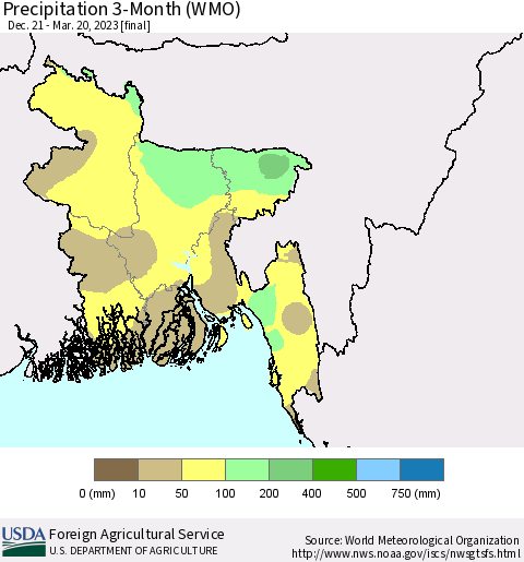 Bangladesh Precipitation 3-Month (WMO) Thematic Map For 12/21/2022 - 3/20/2023