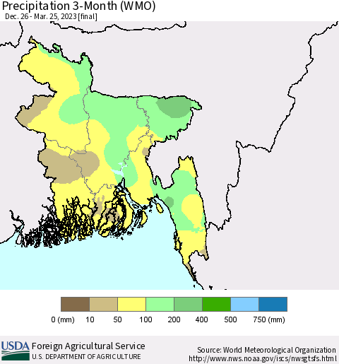 Bangladesh Precipitation 3-Month (WMO) Thematic Map For 12/26/2022 - 3/25/2023