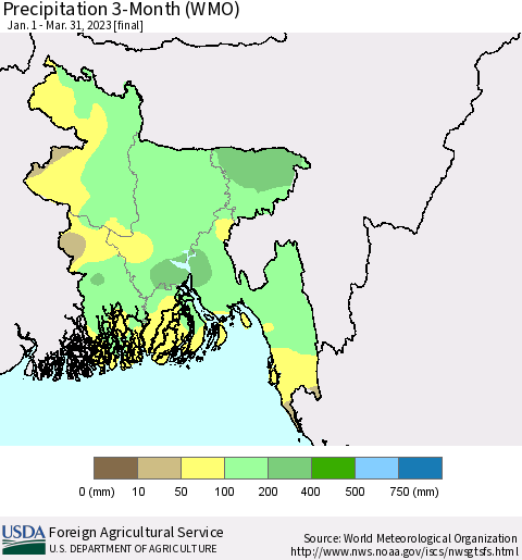 Bangladesh Precipitation 3-Month (WMO) Thematic Map For 1/1/2023 - 3/31/2023