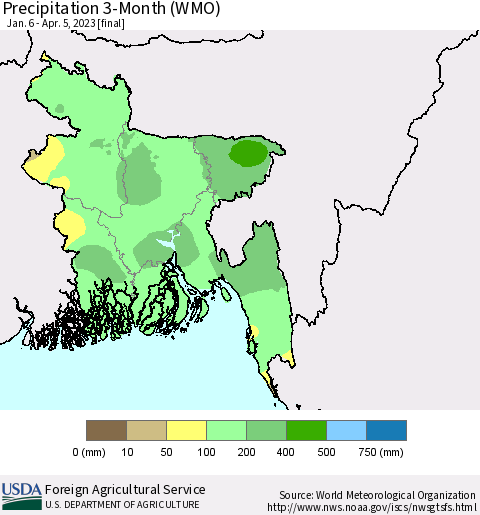 Bangladesh Precipitation 3-Month (WMO) Thematic Map For 1/6/2023 - 4/5/2023