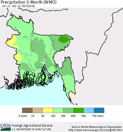 Bangladesh Precipitation 3-Month (WMO) Thematic Map For 1/11/2023 - 4/10/2023