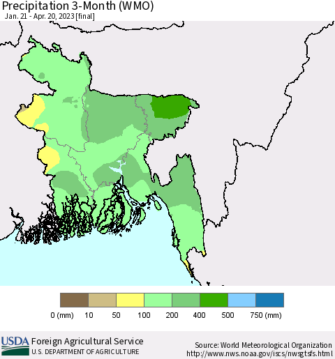 Bangladesh Precipitation 3-Month (WMO) Thematic Map For 1/21/2023 - 4/20/2023