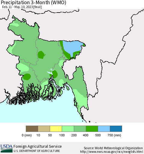 Bangladesh Precipitation 3-Month (WMO) Thematic Map For 2/11/2023 - 5/10/2023