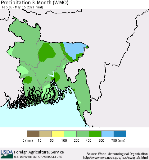 Bangladesh Precipitation 3-Month (WMO) Thematic Map For 2/16/2023 - 5/15/2023