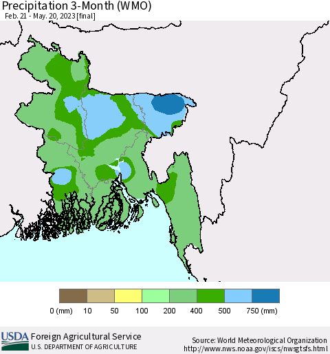 Bangladesh Precipitation 3-Month (WMO) Thematic Map For 2/21/2023 - 5/20/2023