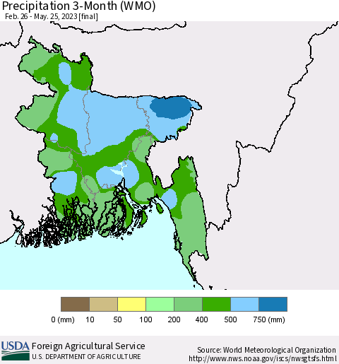 Bangladesh Precipitation 3-Month (WMO) Thematic Map For 2/26/2023 - 5/25/2023