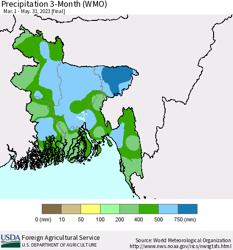Bangladesh Precipitation 3-Month (WMO) Thematic Map For 3/1/2023 - 5/31/2023