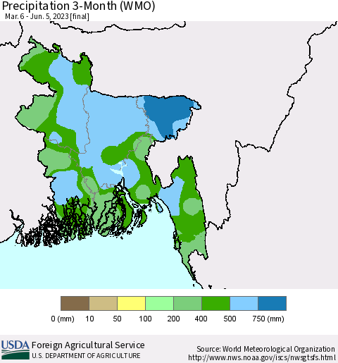 Bangladesh Precipitation 3-Month (WMO) Thematic Map For 3/6/2023 - 6/5/2023