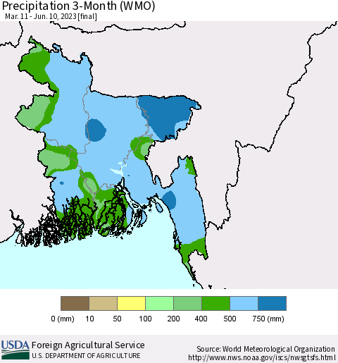 Bangladesh Precipitation 3-Month (WMO) Thematic Map For 3/11/2023 - 6/10/2023