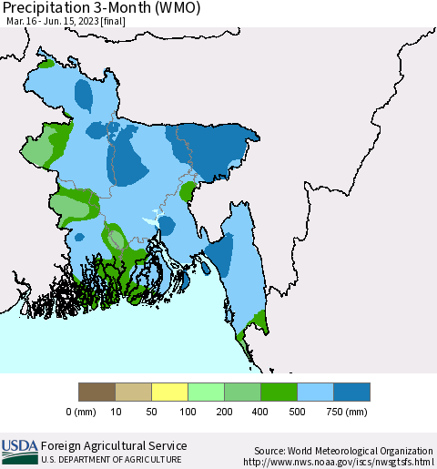 Bangladesh Precipitation 3-Month (WMO) Thematic Map For 3/16/2023 - 6/15/2023