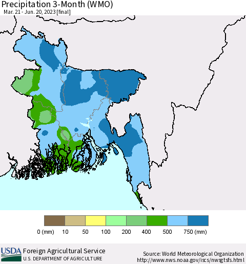 Bangladesh Precipitation 3-Month (WMO) Thematic Map For 3/21/2023 - 6/20/2023