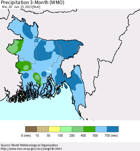 Bangladesh Precipitation 3-Month (WMO) Thematic Map For 3/26/2023 - 6/25/2023