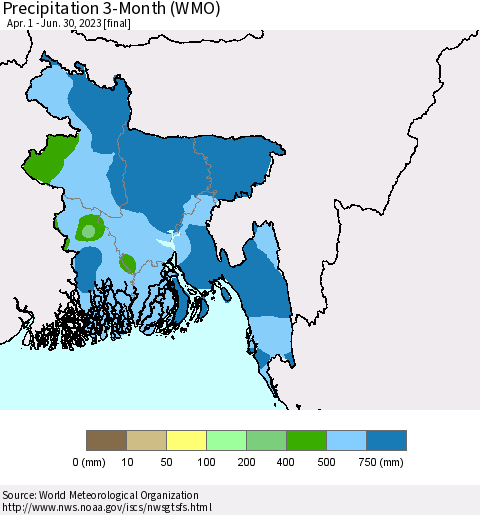 Bangladesh Precipitation 3-Month (WMO) Thematic Map For 4/1/2023 - 6/30/2023