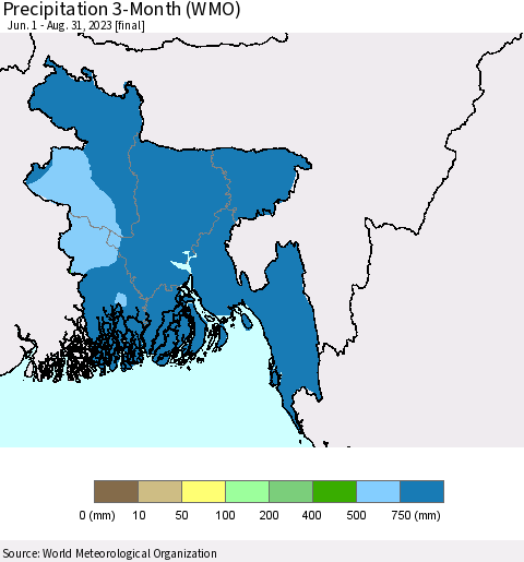 Bangladesh Precipitation 3-Month (WMO) Thematic Map For 6/1/2023 - 8/31/2023